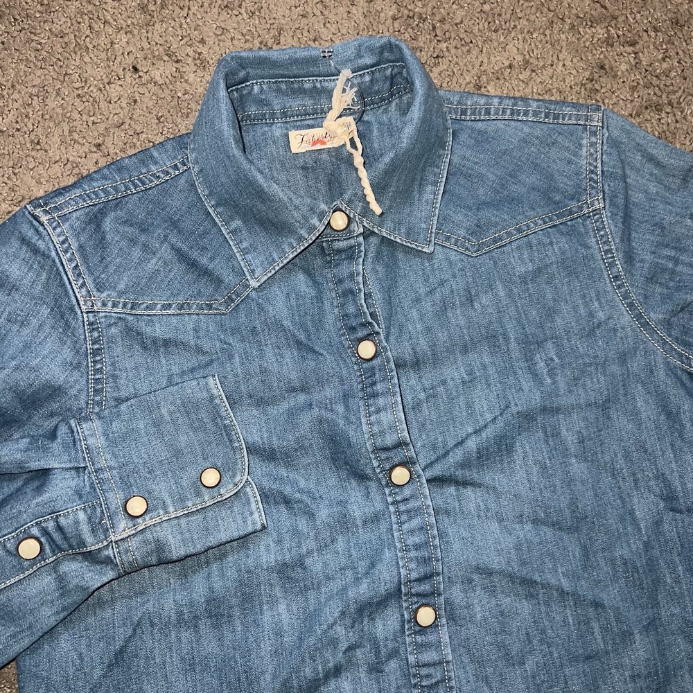 Faherty Denim Pearl Snap Shirt Womens XS Blue Western Cowgirl